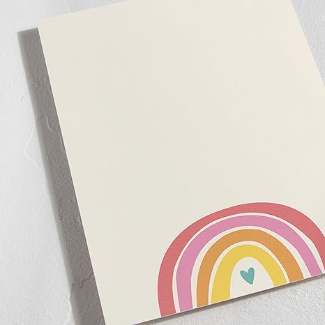 Stationery Set, Set of 10, Flat Note Cards & Envelopes for Invitiations and Handwritten Thank You Messages, Rainbow with Heart Accent, Gifts for Teachers, Luxurious Paper