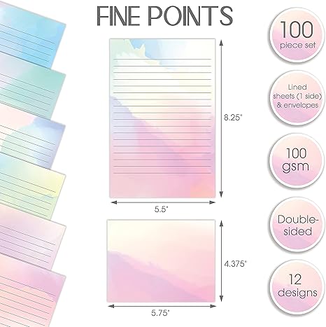 Mini Stationery Set, 100 Piece Set (50 Lined Watercolor Sheets + 50 Matching Envelopes), 5.5 x 8.25 inch, 12 Unique Designs, Double Sided Printing, One Side Lined Paper,