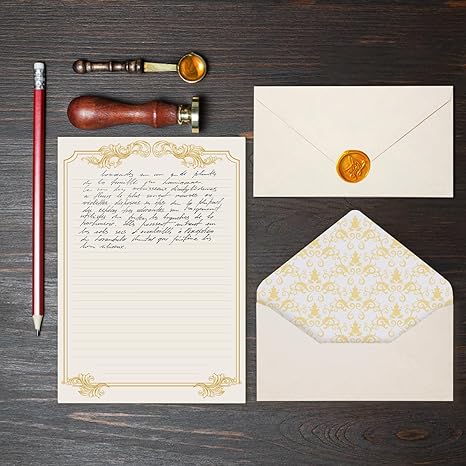 90 Pieces Stationery Set with Envelopes (60 Vintage-Style Paper Sheets + 30 Envelopes), Gold Border Letter Writing Paper and Envelopes for Love Letter, Party Invitations