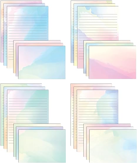 Mini Stationery Set, 100 Piece Set (50 Lined Watercolor Sheets + 50 Matching Envelopes), 5.5 x 8.25 inch, 12 Unique Designs, Double Sided Printing, One Side Lined Paper,