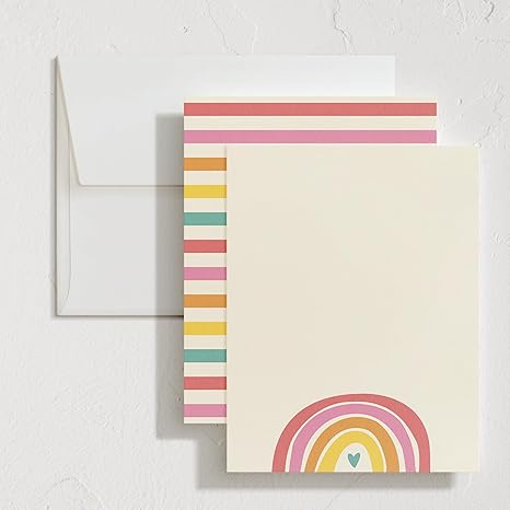 Stationery Set, Set of 10, Flat Note Cards & Envelopes for Invitiations and Handwritten Thank You Messages, Rainbow with Heart Accent, Gifts for Teachers, Luxurious Paper