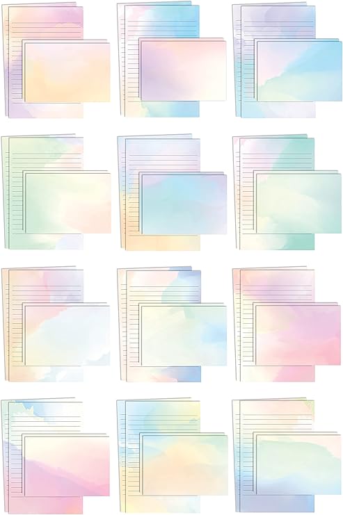 Mini Stationery Set, 100 Piece Set (50 Lined Watercolor Sheets + 50 Matching Envelopes), 5.5 x 8.25 inch, 12 Unique Designs, Double Sided Printing, One Side Lined Paper,