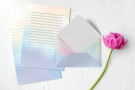 Mini Stationery Set, 100 Piece Set (50 Lined Watercolor Sheets + 50 Matching Envelopes), 5.5 x 8.25 inch, 12 Unique Designs, Double Sided Printing, One Side Lined Paper,