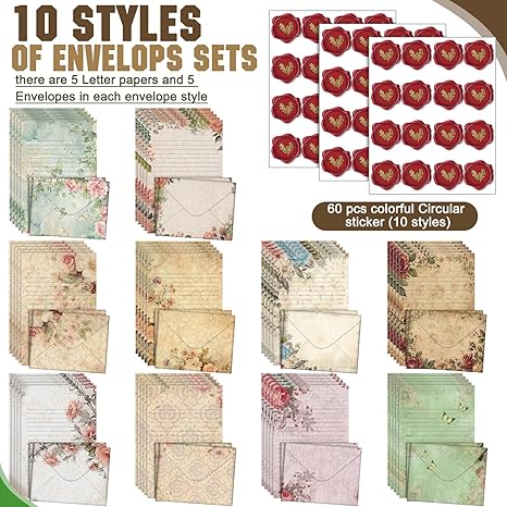 160 Packs Stationery Paper Set (50 Double Sided Stationery Writing Papers 50 Matching Envelopes) 60 Round Dot Sticker, 10 Design(Vintage Floral,5.5 x 8.25 Inch)