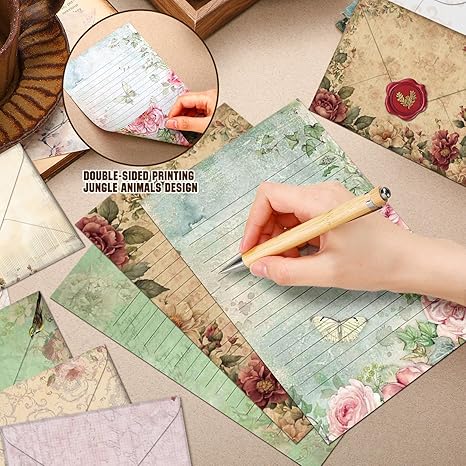 160 Packs Stationery Paper Set (50 Double Sided Stationery Writing Papers 50 Matching Envelopes) 60 Round Dot Sticker, 10 Design(Vintage Floral,5.5 x 8.25 Inch)