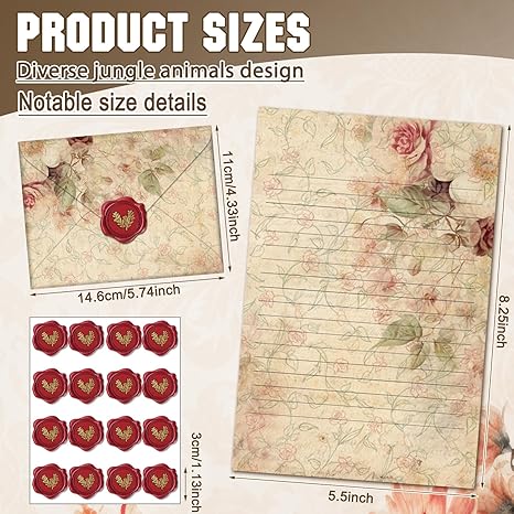 160 Packs Stationery Paper Set (50 Double Sided Stationery Writing Papers 50 Matching Envelopes) 60 Round Dot Sticker, 10 Design(Vintage Floral,5.5 x 8.25 Inch)