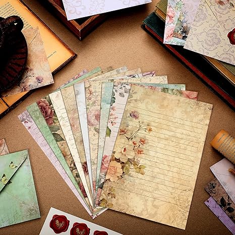 160 Packs Stationery Paper Set (50 Double Sided Stationery Writing Papers 50 Matching Envelopes) 60 Round Dot Sticker, 10 Design(Vintage Floral,5.5 x 8.25 Inch)